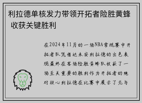 利拉德单核发力带领开拓者险胜黄蜂 收获关键胜利