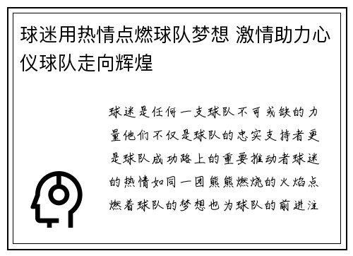 球迷用热情点燃球队梦想 激情助力心仪球队走向辉煌