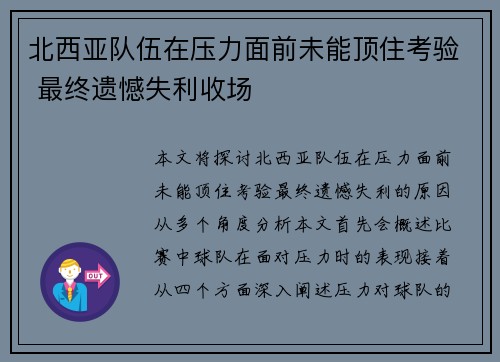 北西亚队伍在压力面前未能顶住考验 最终遗憾失利收场