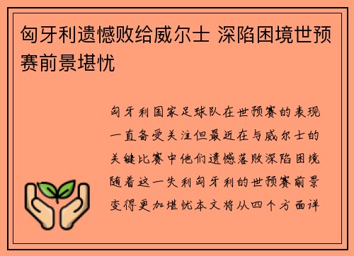 匈牙利遗憾败给威尔士 深陷困境世预赛前景堪忧