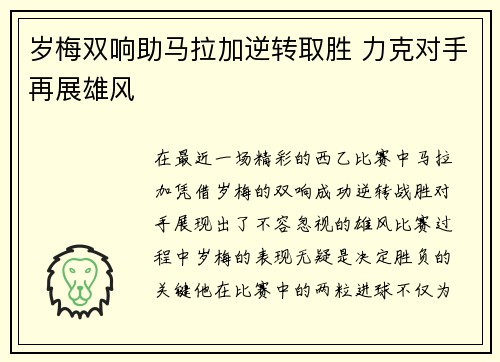 岁梅双响助马拉加逆转取胜 力克对手再展雄风