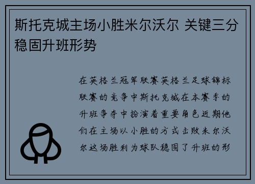 斯托克城主场小胜米尔沃尔 关键三分稳固升班形势