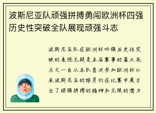 波斯尼亚队顽强拼搏勇闯欧洲杯四强历史性突破全队展现顽强斗志