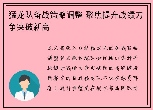 猛龙队备战策略调整 聚焦提升战绩力争突破新高