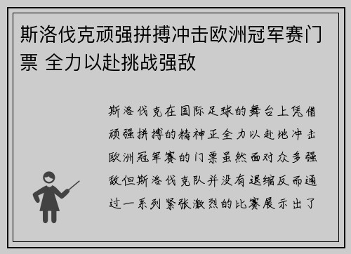 斯洛伐克顽强拼搏冲击欧洲冠军赛门票 全力以赴挑战强敌